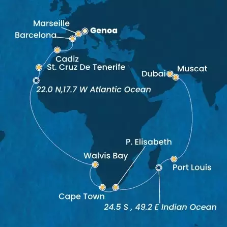 Italia, Francia, Spagna, Isole Canarie, Namibia, Sud Africa, Mauritius, Oman, Emirati Arabi Uniti