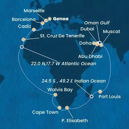 Italia, Francia, Spagna, Isole Canarie, Namibia, Sud Africa, Mauritius, Oman, Emirati Arabi Uniti