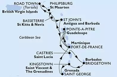 Fort de France,Pointe-a-Pitre,Road Town,Philipsburg,Basseterre,St John s,Fort de France,Pointe-a-Pitre,Castries,Bridgetown,Kingstown,Saint George,Fort de France