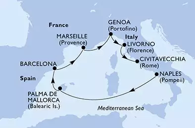 Naples,Palma de Mallorca,Barcelona,Marseille,Genoa,Livorno,Civitavecchia