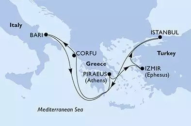 Piraeus,Izmir,Istanbul,Corfu,Bari,Piraeus