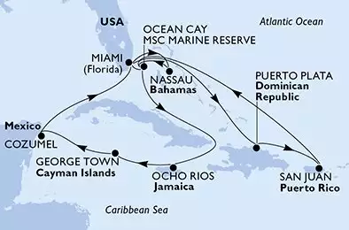 Miami,Puerto Plata,San Juan,Ocean Cay,Miami,Nassau,Ocean Cay,Ocho Rios,George Town,Cozumel,Miami