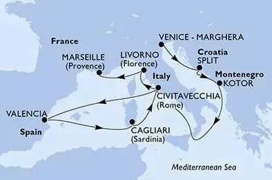 Venice-Marghera,Split,Kotor,Civitavecchia,Valencia,Cagliari,Civitavecchia,Livorno,Marseille