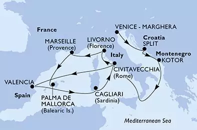 Venice-Marghera,Split,Kotor,Civitavecchia,Valencia,Cagliari,Civitavecchia,Livorno,Marseille,Palma de Mallorca