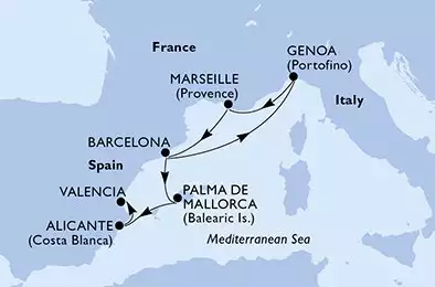 Barcelona,Genoa,Marseille,Barcelona,Palma de Mallorca,Alicante,Valencia