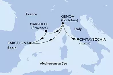 Civitavecchia,Genoa,Marseille,Barcelona,Genoa