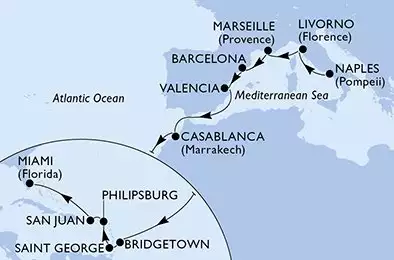 Naples,Livorno,Marseille,Barcelona,Valencia,Casablanca,Bridgetown,Saint George,Philipsburg,San Juan,Miami