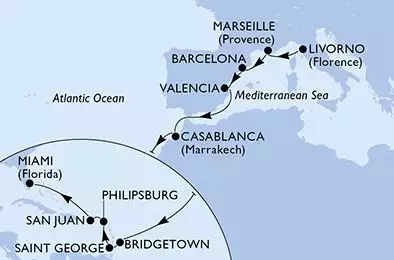 Livorno,Marseille,Barcelona,Valencia,Casablanca,Bridgetown,Saint George,Philipsburg,San Juan,Miami