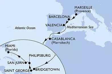 Marseille,Barcelona,Valencia,Casablanca,Bridgetown,Saint George,Philipsburg,San Juan,Miami