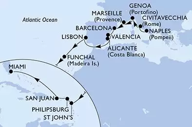 Naples,Civitavecchia,Genoa,Marseille,Barcelona,Valencia,Alicante,Lisbon,Funchal,St John s,Philipsburg,San Juan,Miami