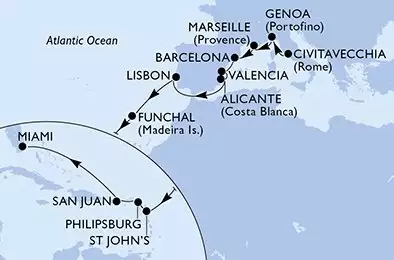 Civitavecchia,Genoa,Marseille,Barcelona,Valencia,Alicante,Lisbon,Funchal,St John s,Philipsburg,San Juan,Miami