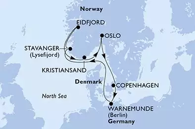 Oslo,Copenhagen,Warnemunde,Stavanger,Eidfjord,Kristiansand,Oslo