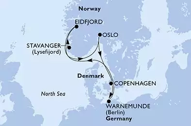 Oslo,Copenhagen,Warnemunde,Stavanger,Eidfjord,Oslo