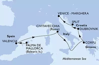 Palma de Mallorca,Valencia,Civitavecchia,Corfu,Dubrovnik,Split,Venice-Marghera