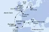 Civitavecchia,Barcelona,Cadiz,Lisbon,Le Havre,Southampton,Kiel