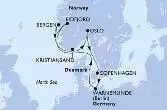 Copenhagen,Warnemunde,Eidfjord,Bergen,Kristiansand,Oslo,Copenhagen