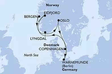 Copenhagen,Warnemunde,Eidfjord,Bergen,Lyngdal,Oslo,Copenhagen