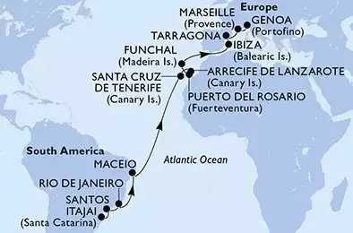 Itajai,Santos,Rio de Janeiro,Maceio,Santa Cruz de Tenerife,Arrecife de Lanzarote,Puerto del Rosario,Funchal,Ibiza,Tarragona,Marseille,Genoa