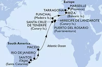 Itajai,Santos,Rio de Janeiro,Maceio,Santa Cruz de Tenerife,Arrecife de Lanzarote,Puerto del Rosario,Funchal,Ibiza,Tarragona,Marseille