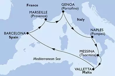 Genoa,Naples,Messina,Valletta,Barcelona,Marseille,Genoa