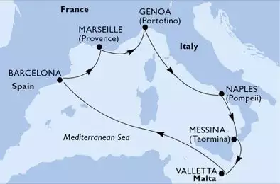 Naples,Messina,Valletta,Barcelona,Marseille,Genoa,Naples