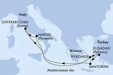 Civitavecchia,Mykonos,Kusadasi,Santorini,Naples,Civitavecchia