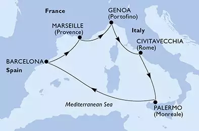 Genoa,Civitavecchia,Palermo,Barcelona,Marseille,Genoa