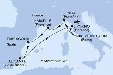 Genoa,Marseille,Tarragona,Alicante,Livorno,Civitavecchia,Genoa