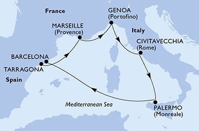 Tarragona,Marseille,Genoa,Civitavecchia,Palermo,Barcelona