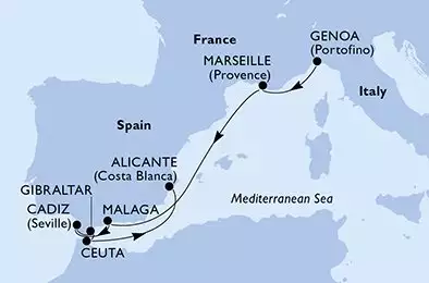 Genoa,Marseille,Malaga,Cadiz,Gibraltar,Ceuta,Alicante