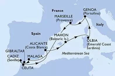 Malaga,Cadiz,Gibraltar,Ceuta,Alicante,Mahon,Olbia,Genoa,Marseille,Malaga