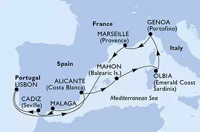 Alicante,Mahon,Olbia,Genoa,Marseille,Malaga,Cadiz,Lisbon,Alicante